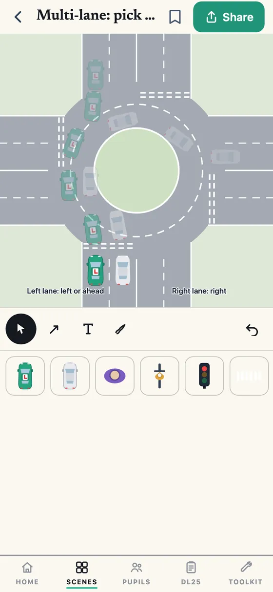 BitePoint scene editor: a roundabout diagram marked up with arrows and notes